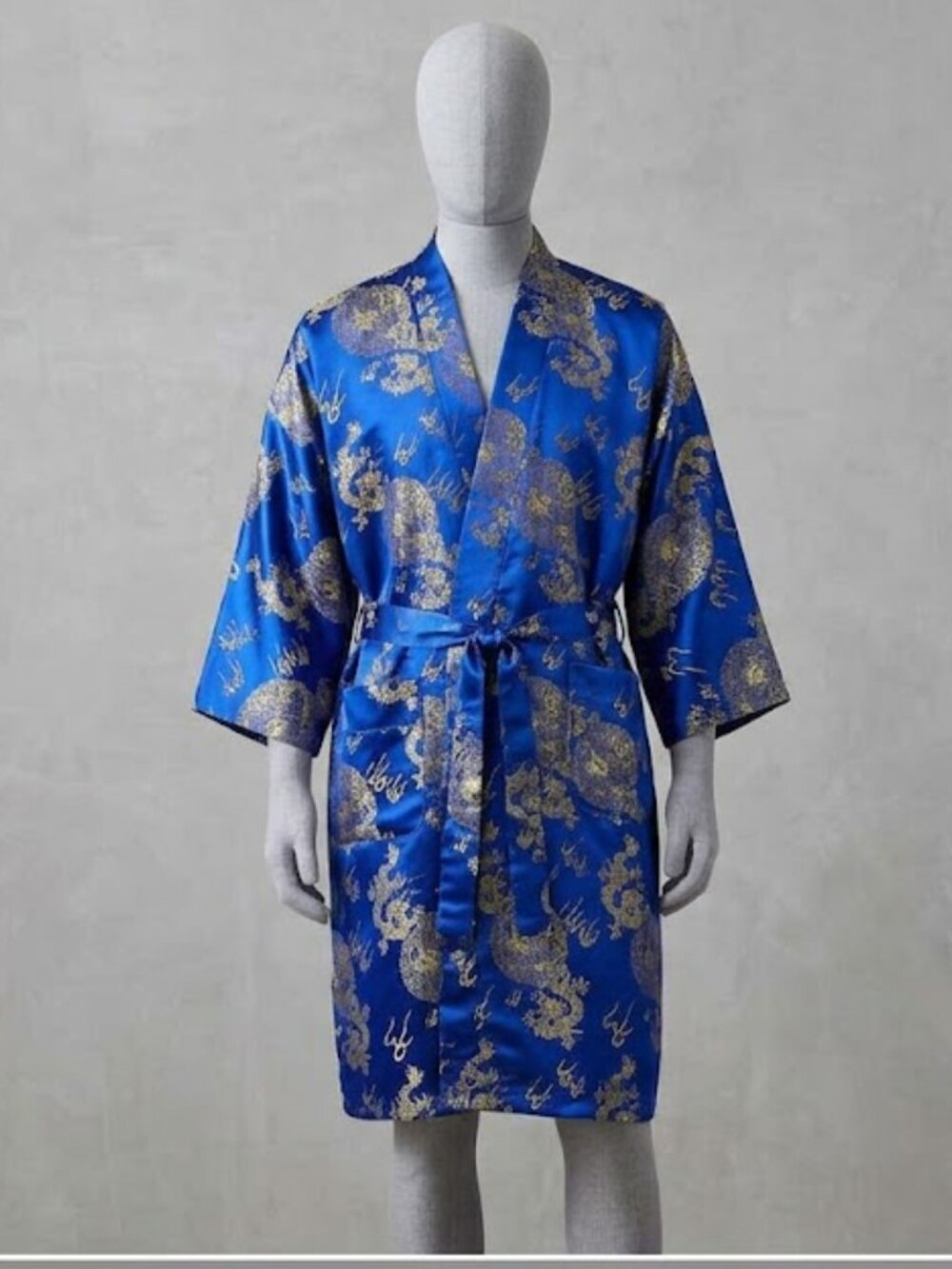Old Shanghai Blue Satin Gold Dragon Print Kimono Robe One Size